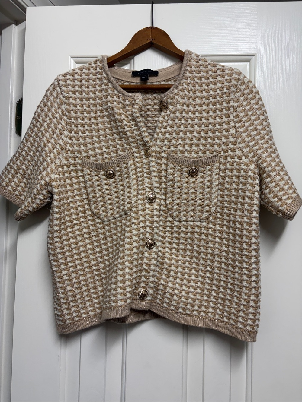 Ann Taylor Beige and White Tweed Short-Sleeve Knit Cardigan
